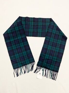 House Of Cashmere 100% Cashmere Tartan Plaid Blue Green Fringe Scarf
